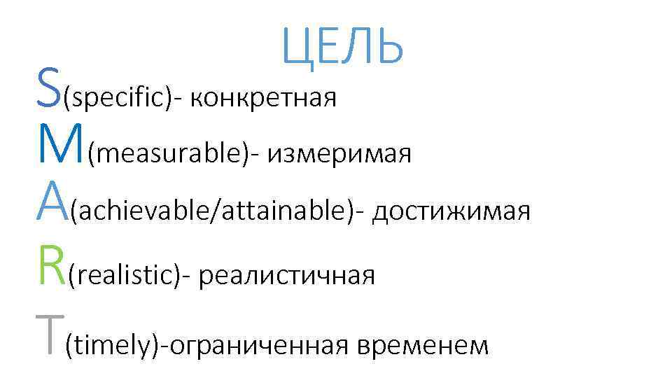 ЦЕЛЬ S(specific)- конкретная M(meаsurаble)- измеримая А(аchievаble/аttainable)- достижимая R(reаlistic)- реалистичная T(timely)-ограниченная временем 