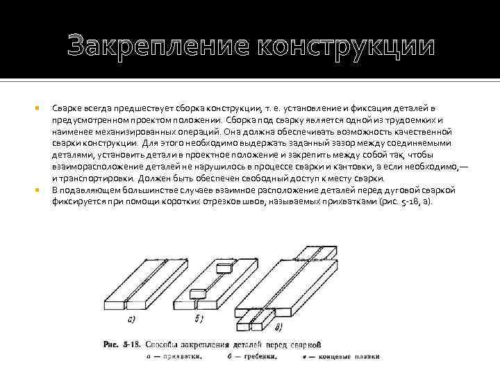 Закрепление конструкции Сварке всегда предшествует сборка конструкции, т. е. установление и фиксация деталей в