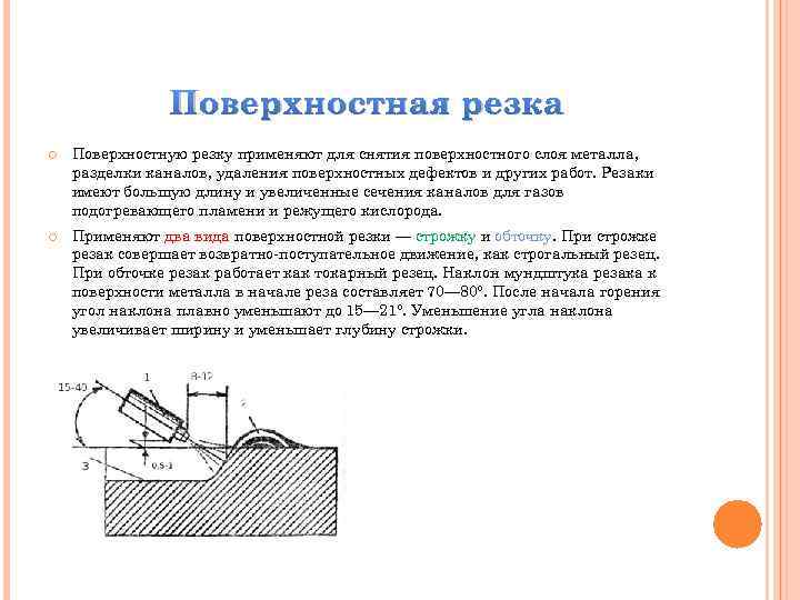 Поверхностная резка Поверхностную резку применяют для снятия поверхностного слоя металла, разделки каналов, удаления поверхностных
