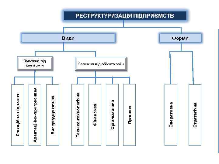 Стратегічна Види Оперативна Правова Організаційна Фінансова Залежно від мети змін Техніко-технологічна Випереджувальна Адаптаційно-прогресивна Санаційно-відновна