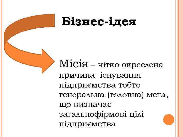 Бізнес-ідея Місія – чітко окреслена причина існування підприємства тобто генеральна (головна) мета, що визначає