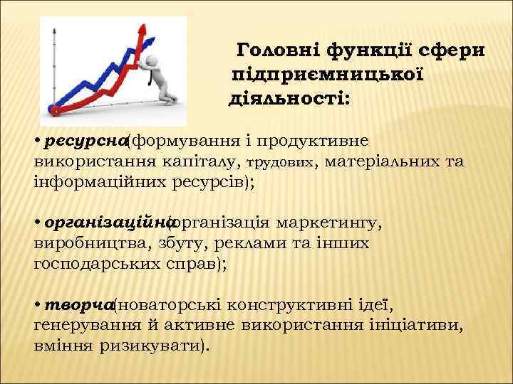 Головні функції сфери підприємницької діяльності: • ресурсна(формування і продуктивне використання капіталу, трудових, матеріальних та