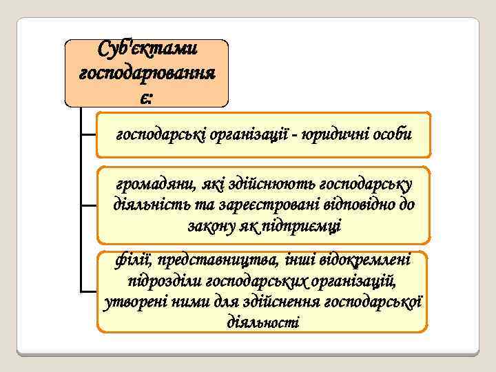 Суб'єктами господарювання є: господарські організації - юридичні особи громадяни, які здійснюють господарську діяльність та