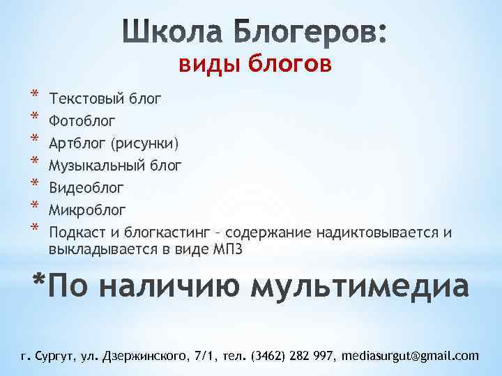 виды блогов * * * * Текстовый блог Фотоблог Артблог (рисунки) Музыкальный блог Видеоблог