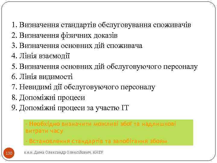 1. Визначення стандартів обслуговування споживачів 2. Визначення фізичних доказів 3. Визначення основних дій споживача