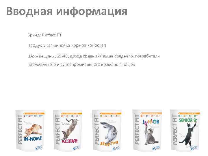 Вводная информация Бренд: Perfect Fit Продукт: Вся линейка кормов Perfect Fit ЦА: женщины, 25