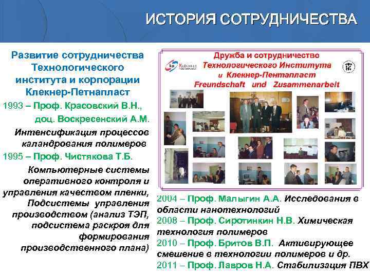 ИСТОРИЯ СОТРУДНИЧЕСТВА Развитие сотрудничества Технологического института и корпорации Клекнер-Петнапласт 1993 – Проф. Красовский В.