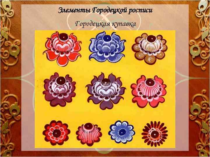 Элементы Городецкой росписи Городецкая купавка 