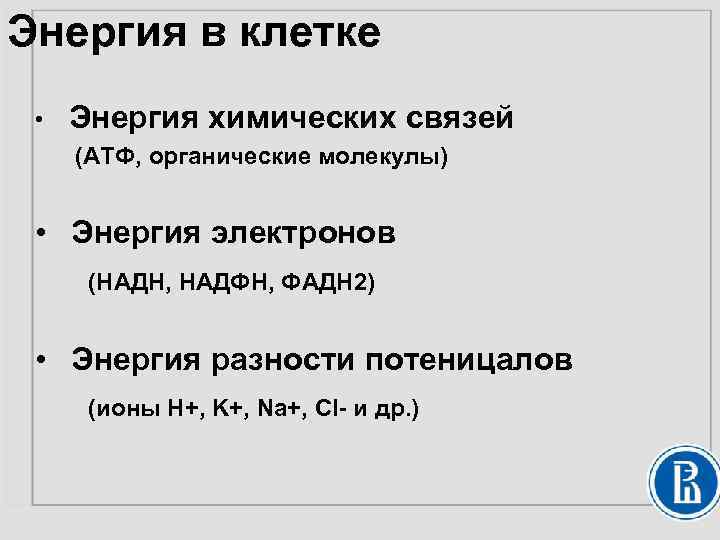 Энергия в клетке • Энергия химических связей (АТФ, органические молекулы) • Энергия электронов (НАДН,