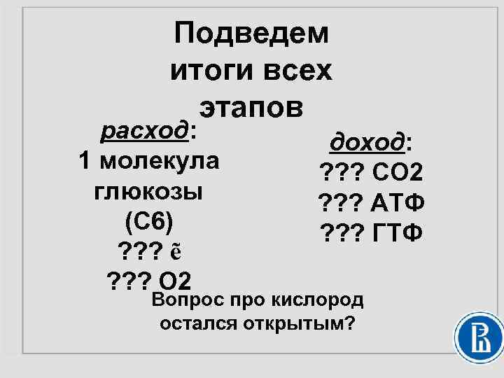 Подведем итоги всех этапов расход: 1 молекула глюкозы (С 6) ? ? ? ẽ