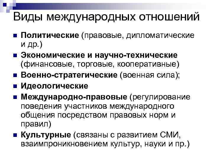 Виды международных отношений n n n Политические (правовые, дипломатические и др. ) Экономические и