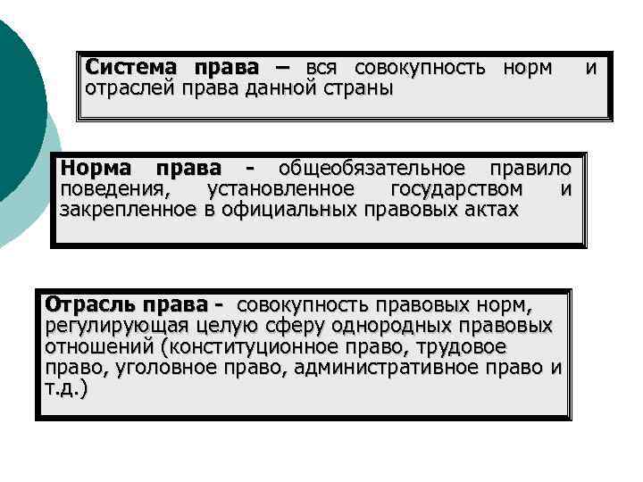 Система права – вся совокупность норм отраслей права данной страны Норма права - общеобязательное