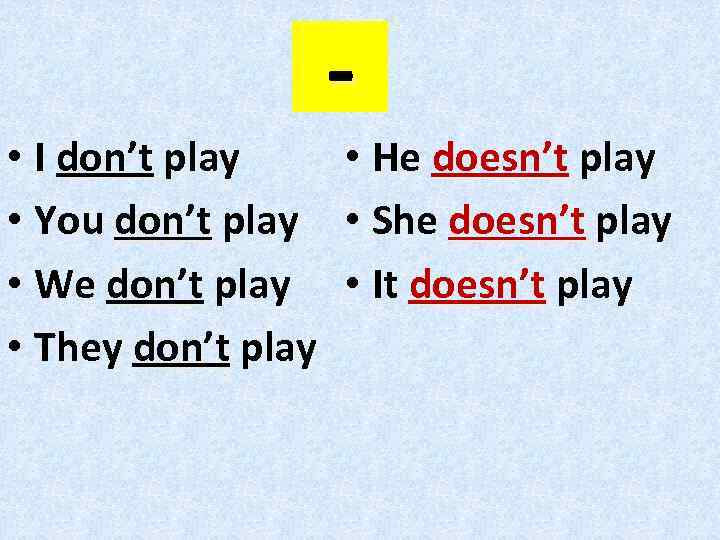  • I don’t play • You don’t play • We don’t play •
