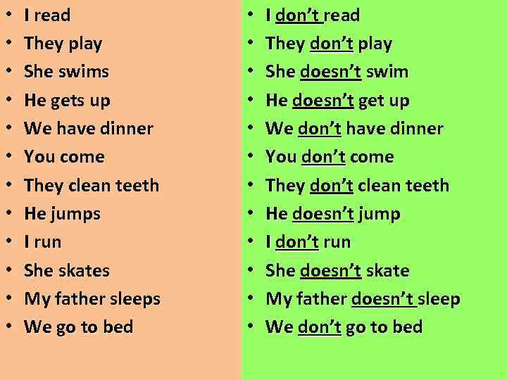  • • • I read They play She swims He gets up We