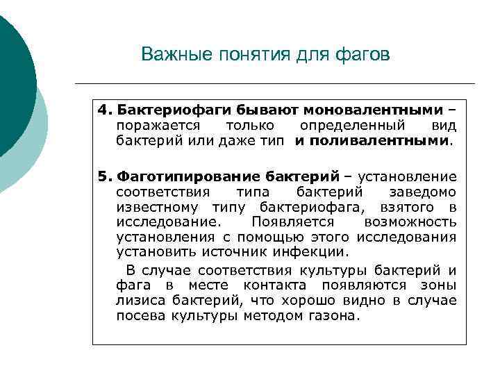 Важные понятия для фагов 4. Бактериофаги бывают моновалентными – поражается только определенный вид бактерий
