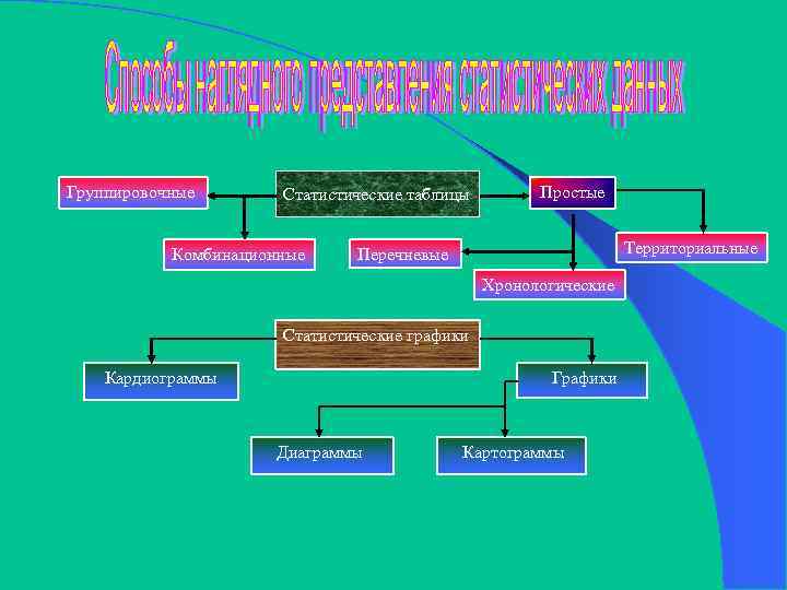 Группировочные Статистические таблицы Комбинационные Простые Территориальные Перечневые Хронологические Статистические графики Кардиограммы Графики Диаграммы Картограммы