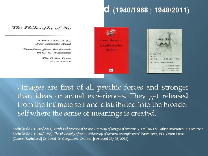 Gaston Bachelard (1940/1968 ; 1948/2011) Images are first of all psychic forces and stronger