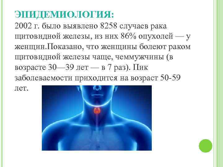 ЭПИДЕМИОЛОГИЯ: 2002 г. было выявлено 8258 случаев рака щитовидной железы, из них 86% опухолей