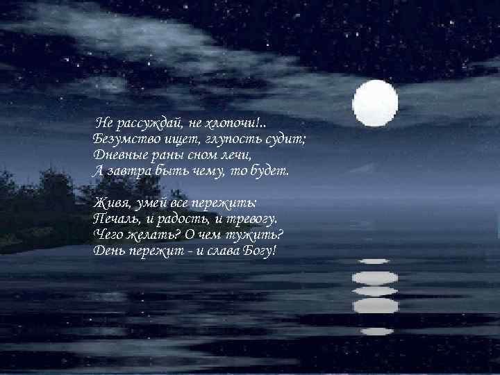 Не рассуждай, не хлопочи!. . Безумство ищет, глупость судит; Дневные раны сном лечи, А