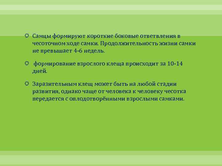  Самцы формируют короткие боковые ответвления в чесоточном ходе самки. Продолжительность жизни самки не