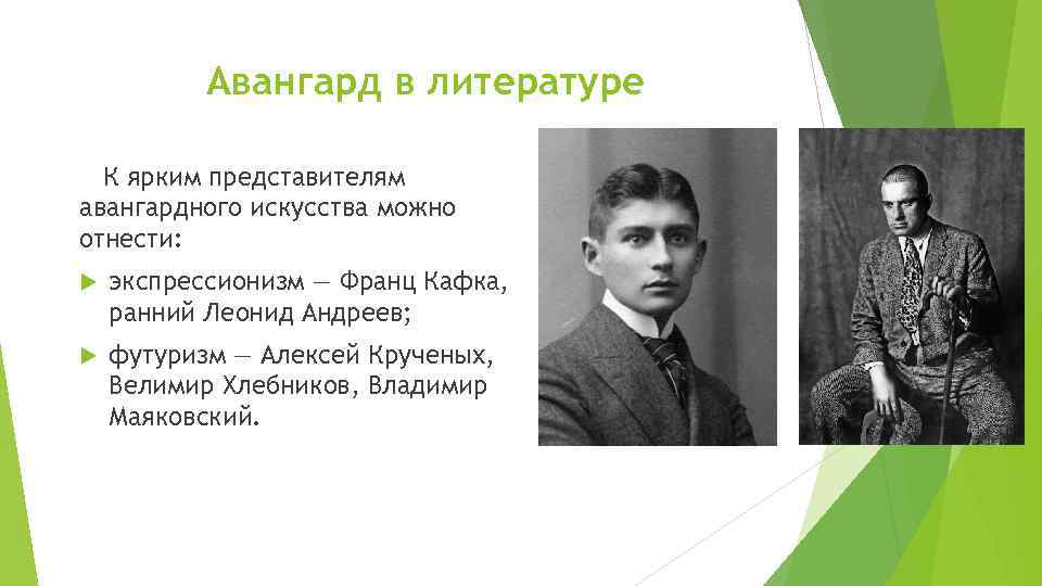 Авангард в литературе К ярким представителям авангардного искусства можно отнести: экспрессионизм — Франц Кафка,