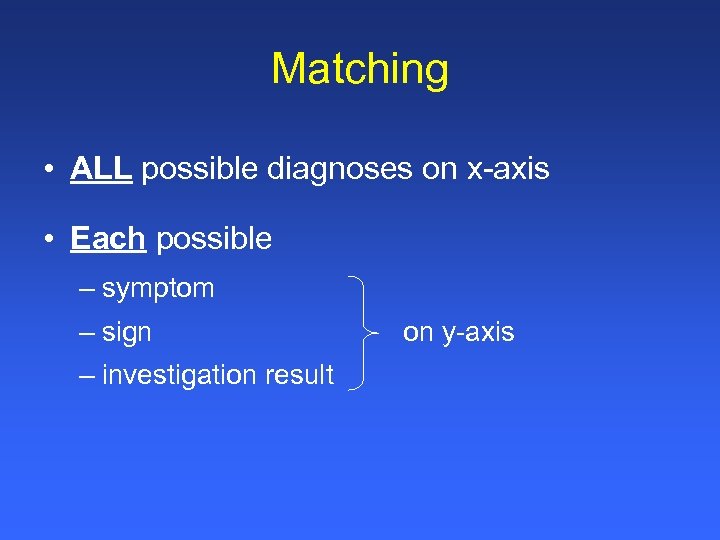 Matching • ALL possible diagnoses on x-axis • Each possible – symptom – sign