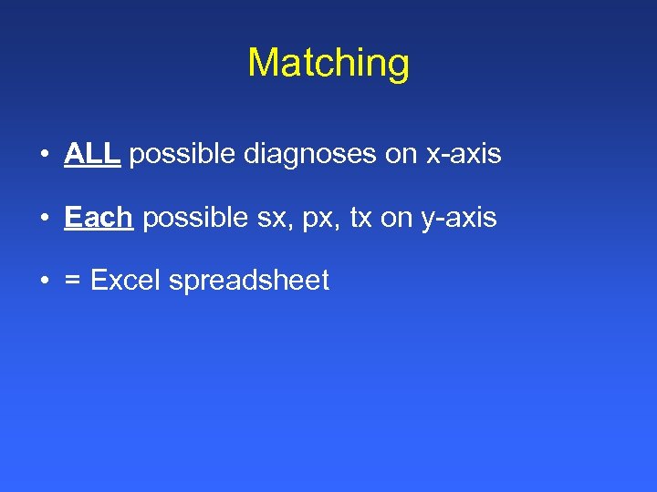 Matching • ALL possible diagnoses on x-axis • Each possible sx, px, tx on
