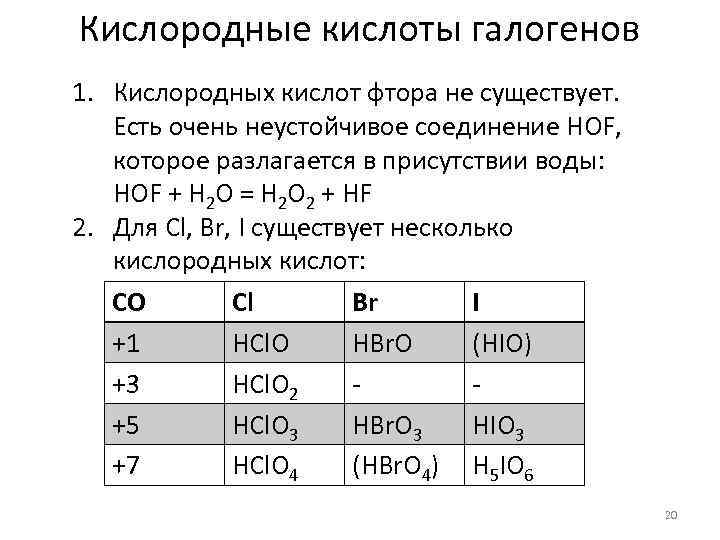 Кислородсодержащие кислоты галогенов таблица. Кислородные соединения галогенов.