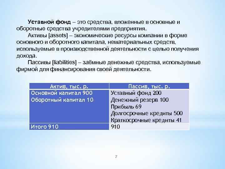 Уставной фонд – это средства, вложенные в основные и оборотные средства учредителями предприятия. Активы