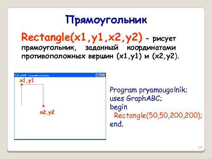 Прямоугольник Rectangle(x 1, y 1, x 2, y 2) - рисует прямоугольник, заданный координатами