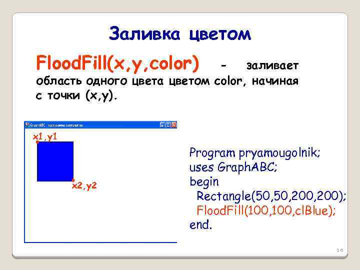 Заливка цветом Flood. Fill(x, y, color) заливает область одного цвета цветом color, начиная с
