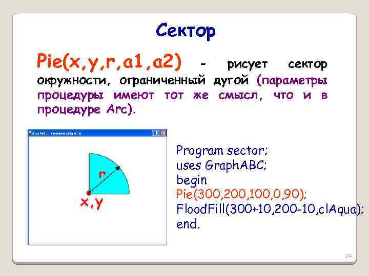 Сектор Pie(x, y, r, a 1, a 2) рисует сектор окружности, ограниченный дугой (параметры