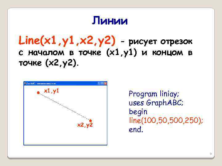Линии Line(x 1, y 1, x 2, y 2) - рисует отрезок с началом