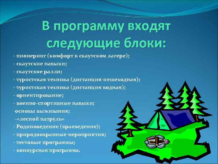 В программу входят следующие блоки: - пионеринг (комфорт в скаутском лагере); - скаутские навыки;