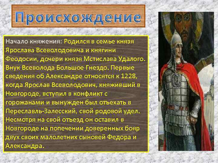 Происхождение Начало княжения: Родился в семье князя Ярослава Всеволодовича и княгини Феодосии, дочери князя