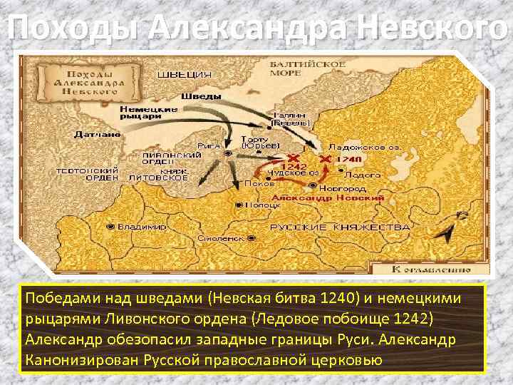 Походы Александра Невского Победами над шведами (Невская битва 1240) и немецкими рыцарями Ливонского ордена
