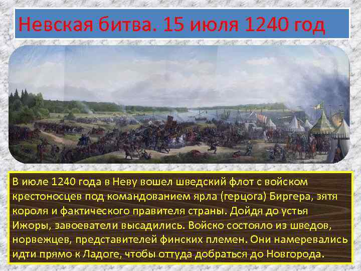 Невская битва. 15 июля 1240 год В июле 1240 года в Неву вошел шведский