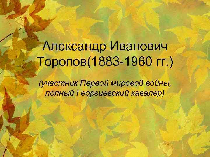 Александр Иванович Торопов(1883 -1960 гг. ) (участник Первой мировой войны, полный Георгиевский кавалер) 