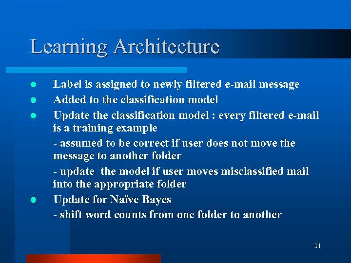Learning Architecture l l Label is assigned to newly filtered e-mail message Added to
