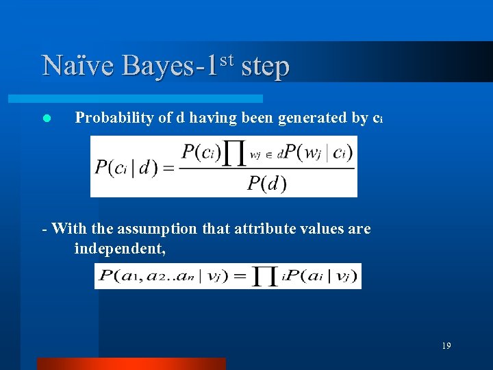 Naïve l st Bayes-1 step Probability of d having been generated by ci -
