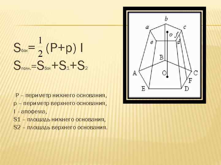 S = (P+p) I S =S +S +S бок полн. бок 1 2 P