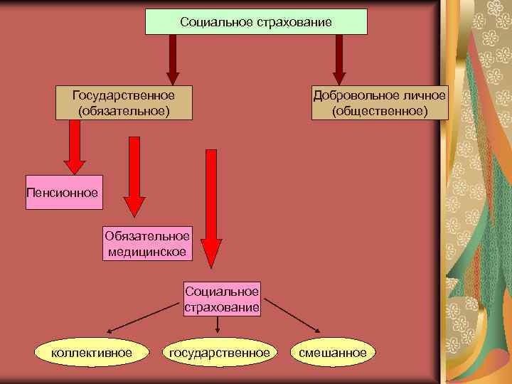 Социальное страхование Государственное (обязательное) Добровольное личное (общественное) Пенсионное Обязательное медицинское Социальное страхование коллективное государственное