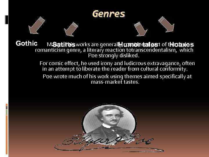 Genres Gothic Many of his works are generally considered part of the dark Satires