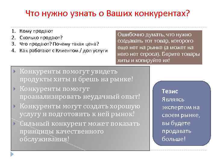 Что нужно узнать о Ваших конкурентах? 1. 2. 3. 4. Кому продают Сколько продают?