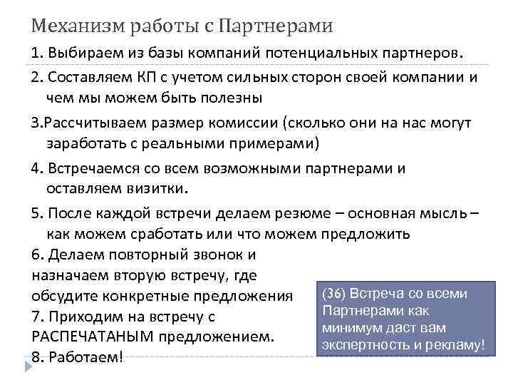 Механизм работы с Партнерами 1. Выбираем из базы компаний потенциальных партнеров. 2. Составляем КП