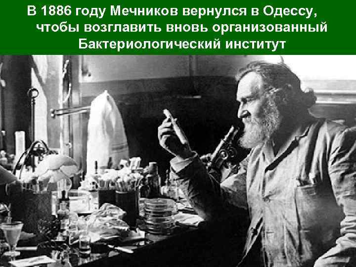 В 1886 году Мечников вернулся в Одессу, чтобы возглавить вновь организованный Бактериологический институт 