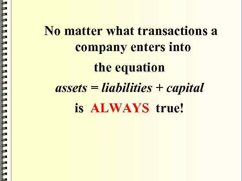 No matter what transactions a company enters into the equation assets = liabilities +