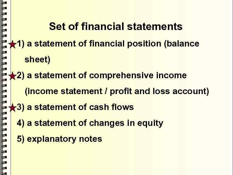Set of financial statements 1) a statement of financial position (balance sheet) 2) a
