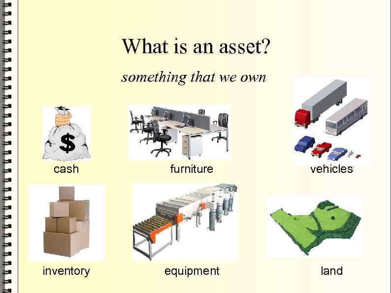 What is an asset? something that we own cash furniture vehicles inventory equipment land