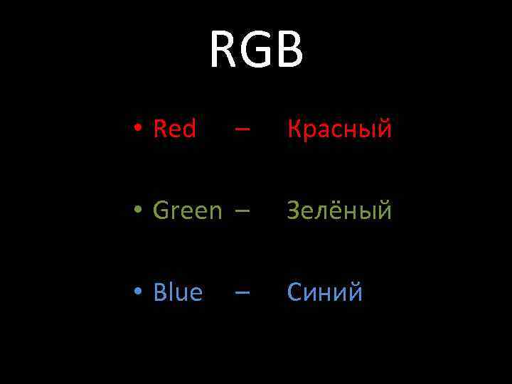 RGB • Red – Красный • Green – Зелёный • Blue Синий – 